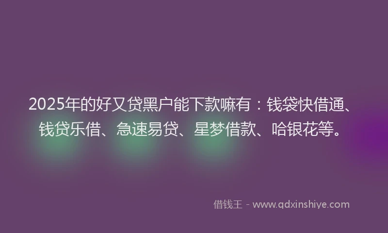 2025年的好又贷黑户能下款嘛有：钱袋快借通、钱贷乐借、急速易贷、星梦借款、哈银花等。