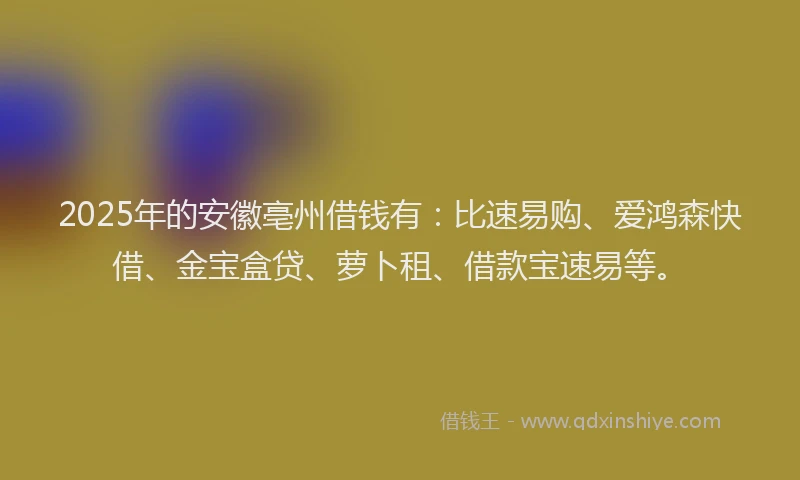 2025年的安徽亳州借钱有：比速易购、爱鸿森快借、金宝盒贷、萝卜租、借款宝速易等。