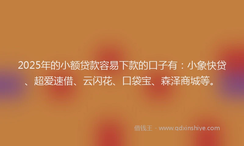 2025年的小额贷款容易下款的口子有：小象快贷、超爱速借、云闪花、口袋宝、森泽商城等。