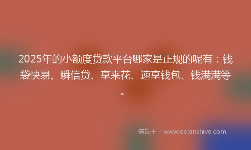 2025年的小额度贷款平台哪家是正规的呢有：钱袋快易、瞬信贷、享来花、速享钱包、钱满满等。