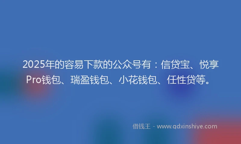 2025年的容易下款的公众号有：信贷宝、悦享Pro钱包、瑞盈钱包、小花钱包、任性贷等。