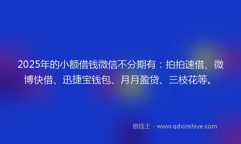 2025年的小额借钱微信不分期有:拍拍速借、微博快借、迅捷宝钱包、月月盈贷、三枝花等。