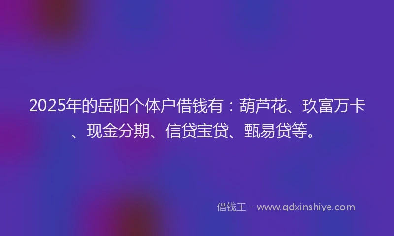 2025年的岳阳个体户借钱有：葫芦花、玖富万卡、现金分期、信贷宝贷、甄易贷等。