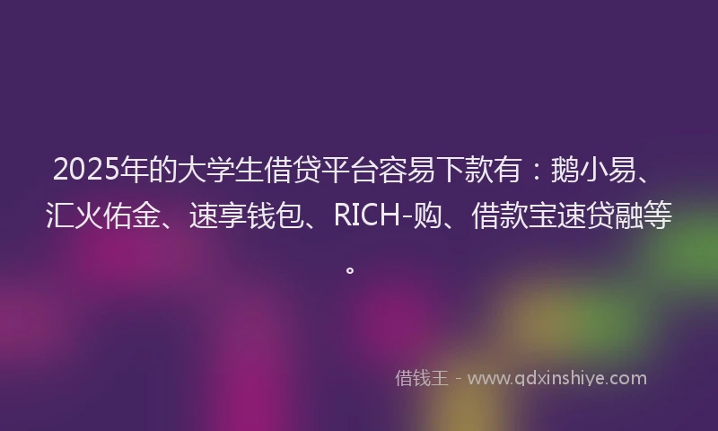 2025年的大学生借贷平台容易下款有：鹅小易、汇火佑金、速享钱包、RICH-购、借款宝速贷融等。