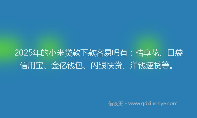 2025年的小米贷款下款容易吗有：桔享花、口袋信用宝、金亿钱包、闪银快贷、洋钱速贷等。