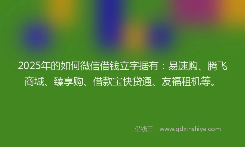 2025年的如何微信借钱立字据有：易速购、腾飞商城、臻享购、借款宝快贷通、友福租机等。