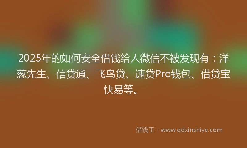2025年的如何安全借钱给人微信不被发现有：洋葱先生、信贷通、飞鸟贷、速贷Pro钱包、借贷宝快易等。