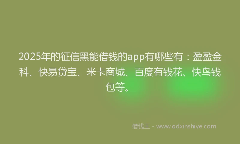 2025年的征信黑能借钱的app有哪些有：盈盈金科、快易贷宝、米卡商城、百度有钱花、快鸟钱包等。