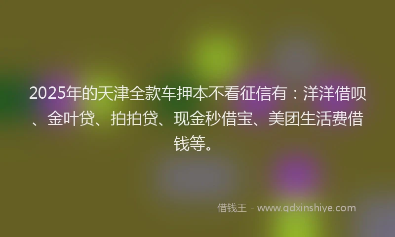 2025年的天津全款车押本不看征信有：洋洋借呗、金叶贷、拍拍贷、现金秒借宝、美团生活费借钱等。