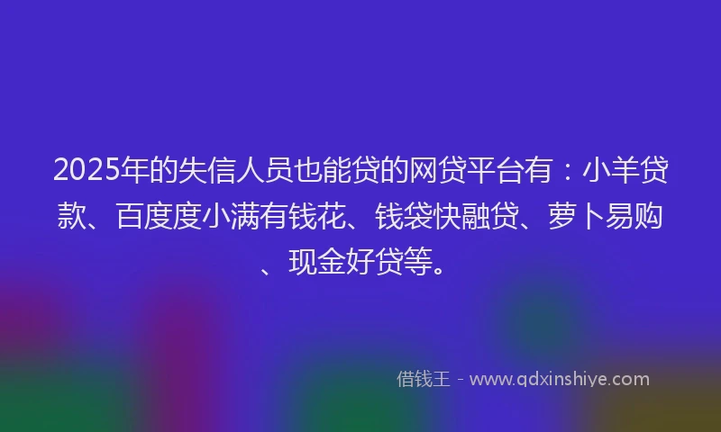 2025年的失信人员也能贷的网贷平台有：小羊贷款、百度度小满有钱花、钱袋快融贷、萝卜易购、现金好贷等。