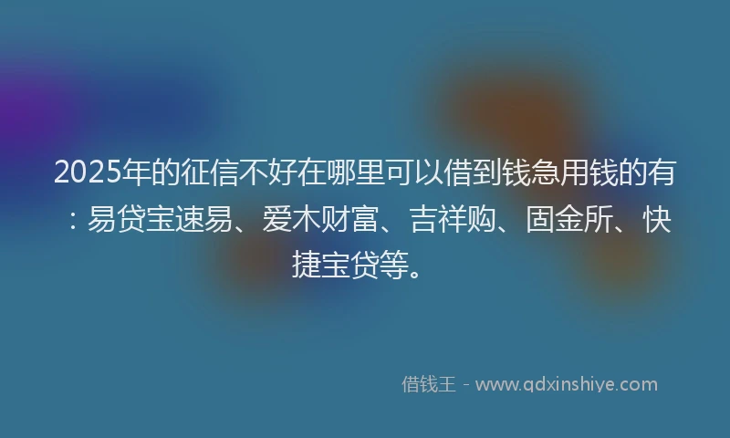 2025年的征信不好在哪里可以借到钱急用钱的有：易贷宝速易、爱木财富、吉祥购、固金所、快捷宝贷等。