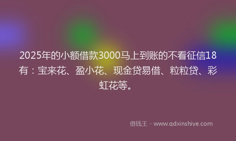 2025年的小额借款3000马上到账的不看征信18有：宝来花、盈小花、现金贷易借、粒粒贷、彩虹花等。