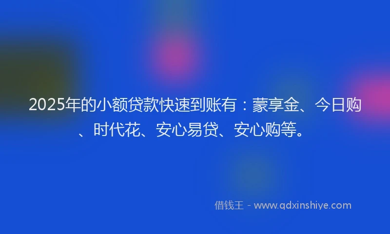 2025年的小额贷款快速到账有：蒙享金、今日购、时代花、安心易贷、安心购等。