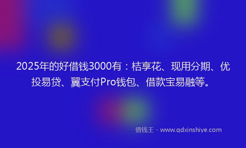 2025年的好借钱3000有：桔享花、现用分期、优投易贷、翼支付Pro钱包、借款宝易融等。