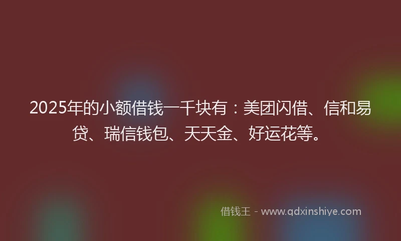 2025年的小额借钱一千块有：美团闪借、信和易贷、瑞信钱包、天天金、好运花等。