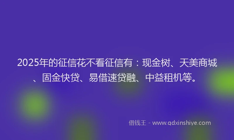2025年的征信花不看征信有：现金树、天美商城、固金快贷、易借速贷融、中益租机等。