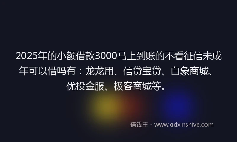 2025年的小额借款3000马上到账的不看征信未成年可以借吗有：龙龙用、信贷宝贷、白象商城、优投金服、极客商城等。