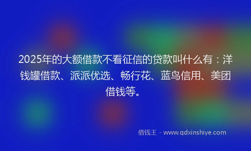 2025年的大额借款不看征信的贷款叫什么有：洋钱罐借款、派派优选、畅行花、蓝鸟信用、美团借钱等。