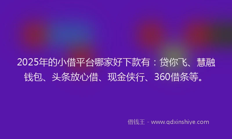 2025年的小借平台哪家好下款有：贷你飞、慧融钱包、头条放心借、现金侠行、360借条等。