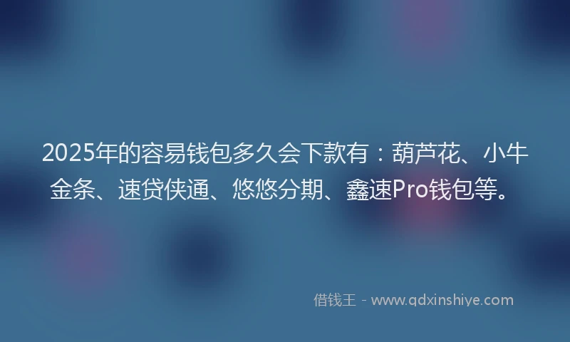 2025年的容易钱包多久会下款有：葫芦花、小牛金条、速贷侠通、悠悠分期、鑫速Pro钱包等。