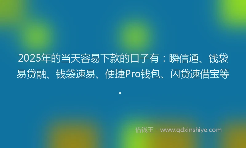 2025年的当天容易下款的口子有：瞬信通、钱袋易贷融、钱袋速易、便捷Pro钱包、闪贷速借宝等。