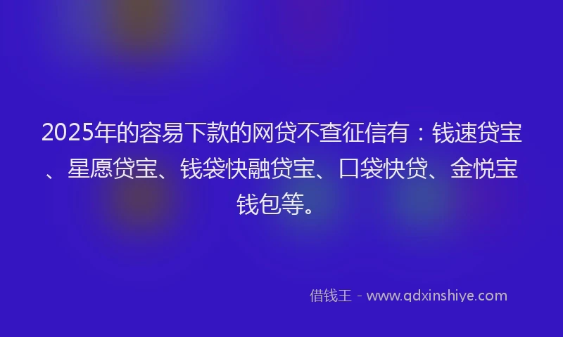 2025年的容易下款的网贷不查征信有：钱速贷宝、星愿贷宝、钱袋快融贷宝、口袋快贷、金悦宝钱包等。