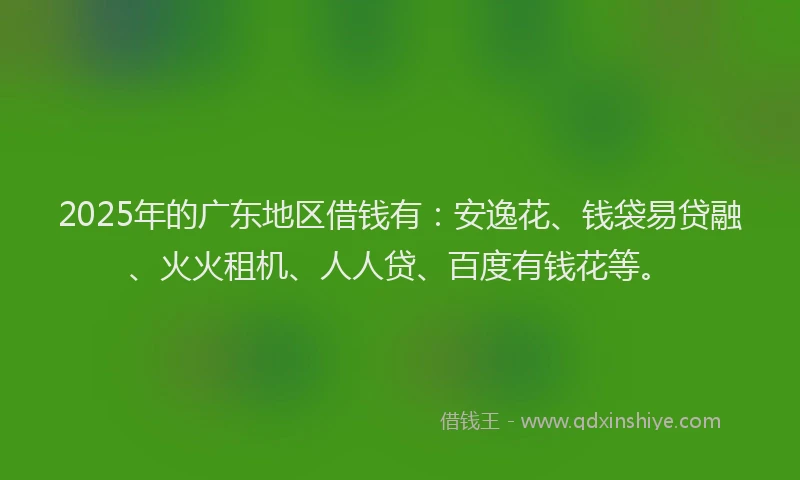 2025年的广东地区借钱有：安逸花、钱袋易贷融、火火租机、人人贷、百度有钱花等。