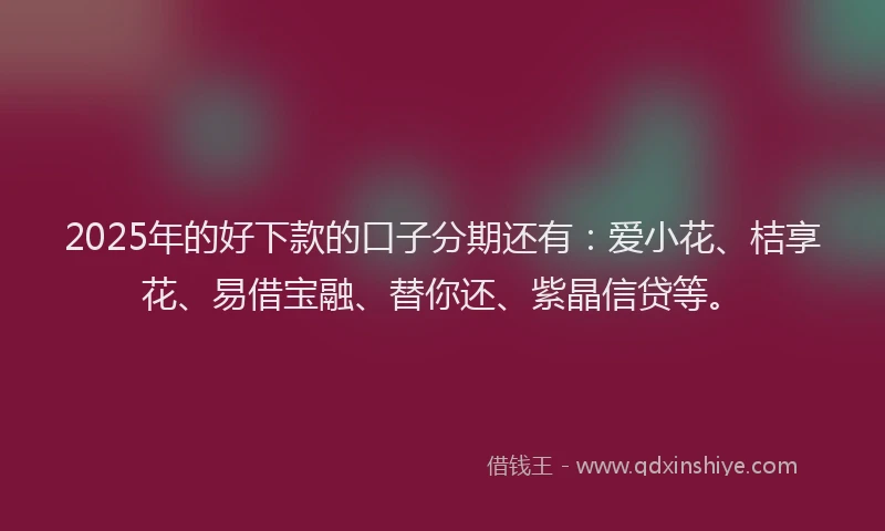 2025年的好下款的口子分期还有：爱小花、桔享花、易借宝融、替你还、紫晶信贷等。