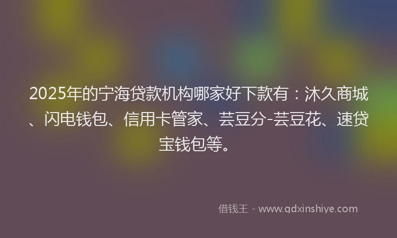 2025年的宁海贷款机构哪家好下款有：沐久商城、闪电钱包、信用卡管家、芸豆分-芸豆花、速贷宝钱包等。