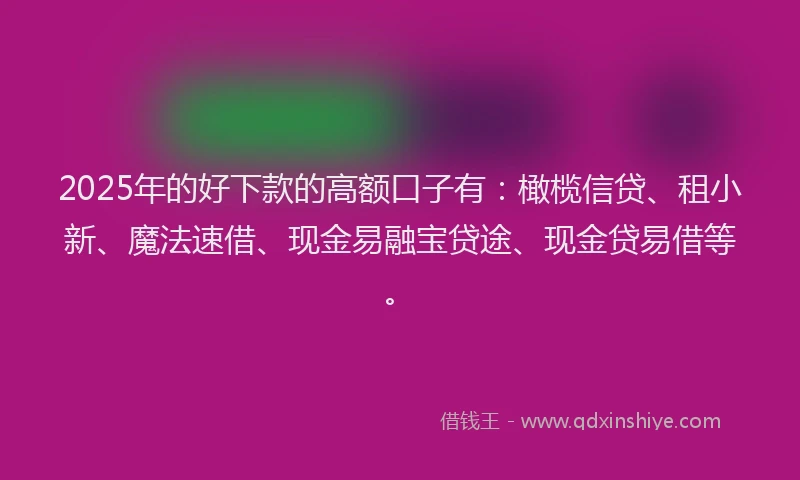 2025年的好下款的高额口子有：橄榄信贷、租小新、魔法速借、现金易融宝贷途、现金贷易借等。