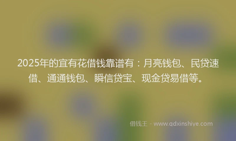 2025年的宜有花借钱靠谱有：月亮钱包、民贷速借、通通钱包、瞬信贷宝、现金贷易借等。