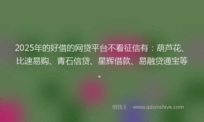 2025年的好借的网贷平台不看征信有：葫芦花、比速易购、青石信贷、星辉借款、易融贷通宝等。