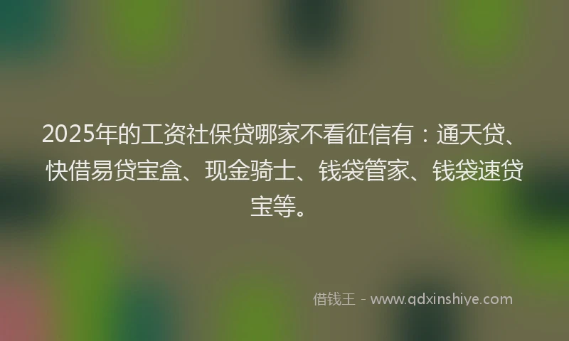 2025年的工资社保贷哪家不看征信有：通天贷、快借易贷宝盒、现金骑士、钱袋管家、钱袋速贷宝等。