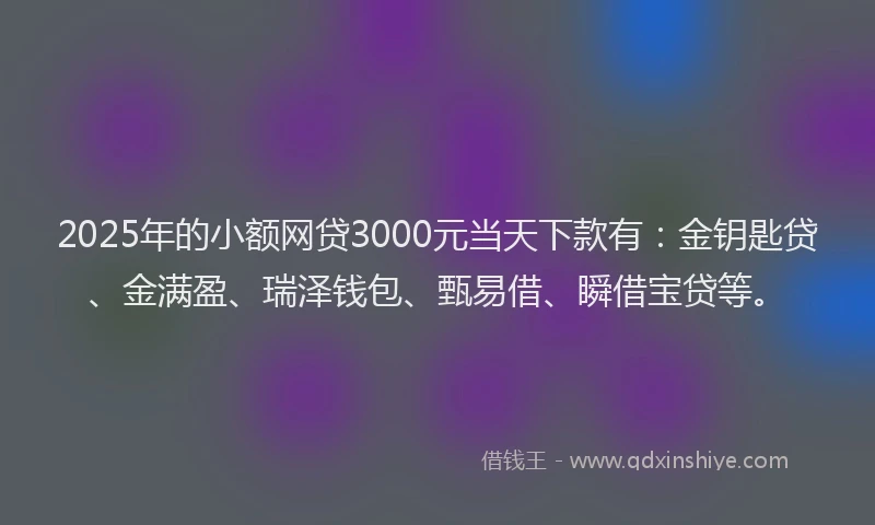 2025年的小额网贷3000元当天下款有：金钥匙贷、金满盈、瑞泽钱包、甄易借、瞬借宝贷等。