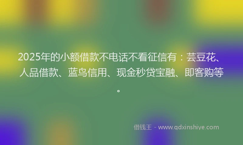 2025年的小额借款不电话不看征信有：芸豆花、人品借款、蓝鸟信用、现金秒贷宝融、即客购等。