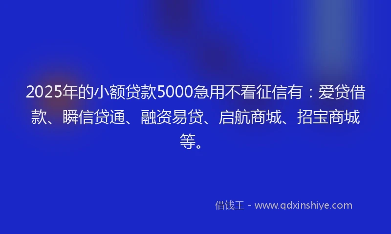 2025年的小额贷款5000急用不看征信有：爱贷借款、瞬信贷通、融资易贷、启航商城、招宝商城等。