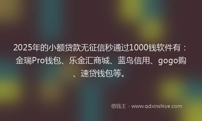 2025年的小额贷款无征信秒通过1000钱软件有：金瑞Pro钱包、乐金汇商城、蓝鸟信用、gogo购、速贷钱包等。