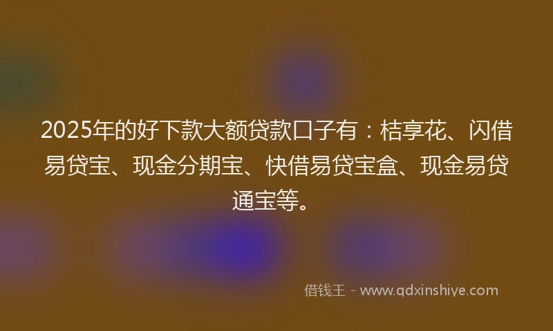 2025年的好下款大额贷款口子有：桔享花、闪借易贷宝、现金分期宝、快借易贷宝盒、现金易贷通宝等。