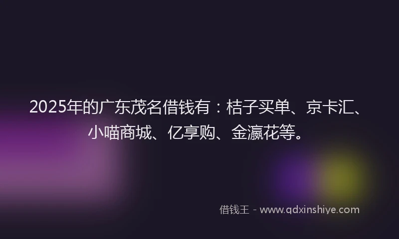 2025年的广东茂名借钱有：桔子买单、京卡汇、小喵商城、亿享购、金瀛花等。