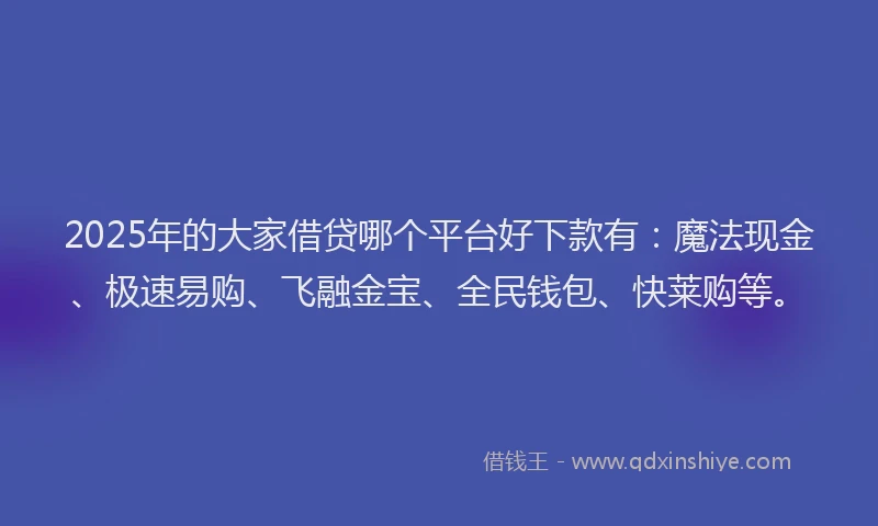 2025年的大家借贷哪个平台好下款有：魔法现金、极速易购、飞融金宝、全民钱包、快莱购等。