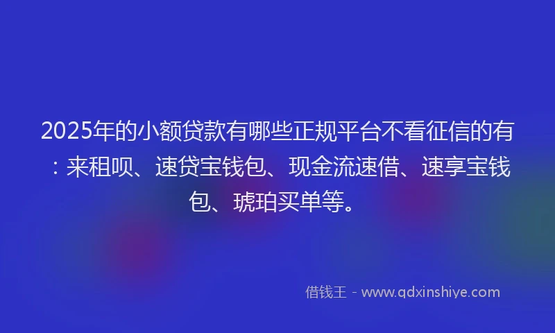 2025年的小额贷款有哪些正规平台不看征信的有：来租呗、速贷宝钱包、现金流速借、速享宝钱包、琥珀买单等。