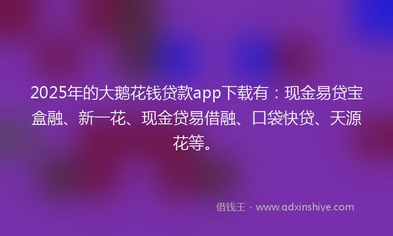 2025年的大鹅花钱贷款app下载有：现金易贷宝盒融、新一花、现金贷易借融、口袋快贷、天源花等。