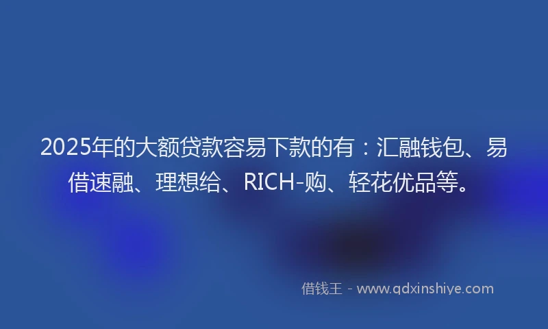 2025年的大额贷款容易下款的有：汇融钱包、易借速融、理想给、RICH-购、轻花优品等。