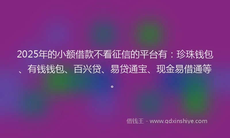 2025年的小额借款不看征信的平台有：珍珠钱包、有钱钱包、百兴贷、易贷通宝、现金易借通等。