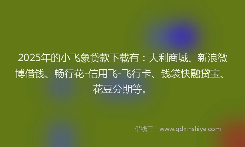 2025年的小飞象贷款下载有：大利商城、新浪微博借钱、畅行花-信用飞-飞行卡、钱袋快融贷宝、花豆分期等。