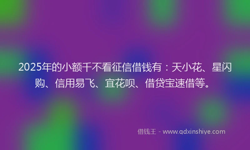 2025年的小额千不看征信借钱有：天小花、星闪购、信用易飞、宜花呗、借贷宝速借等。