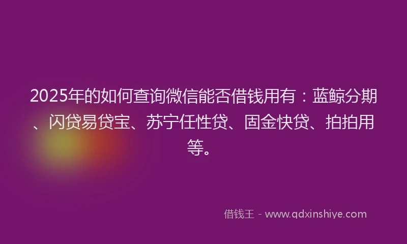 2025年的如何查询微信能否借钱用有：蓝鲸分期、闪贷易贷宝、苏宁任性贷、固金快贷、拍拍用等。