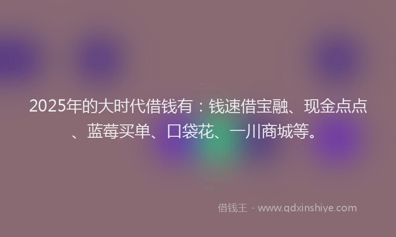 2025年的大时代借钱有：钱速借宝融、现金点点、蓝莓买单、口袋花、一川商城等。