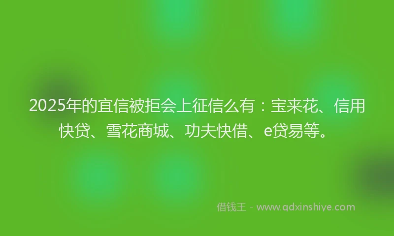2025年的宜信被拒会上征信么有：宝来花、信用快贷、雪花商城、功夫快借、e贷易等。