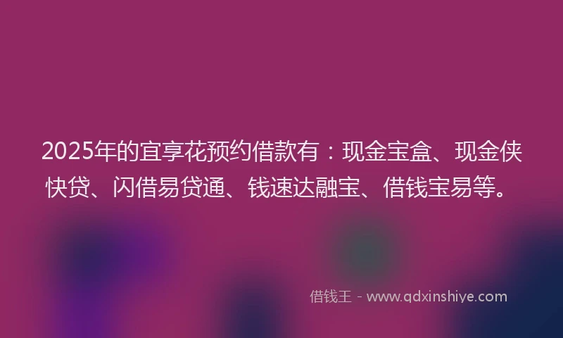 2025年的宜享花预约借款有：现金宝盒、现金侠快贷、闪借易贷通、钱速达融宝、借钱宝易等。